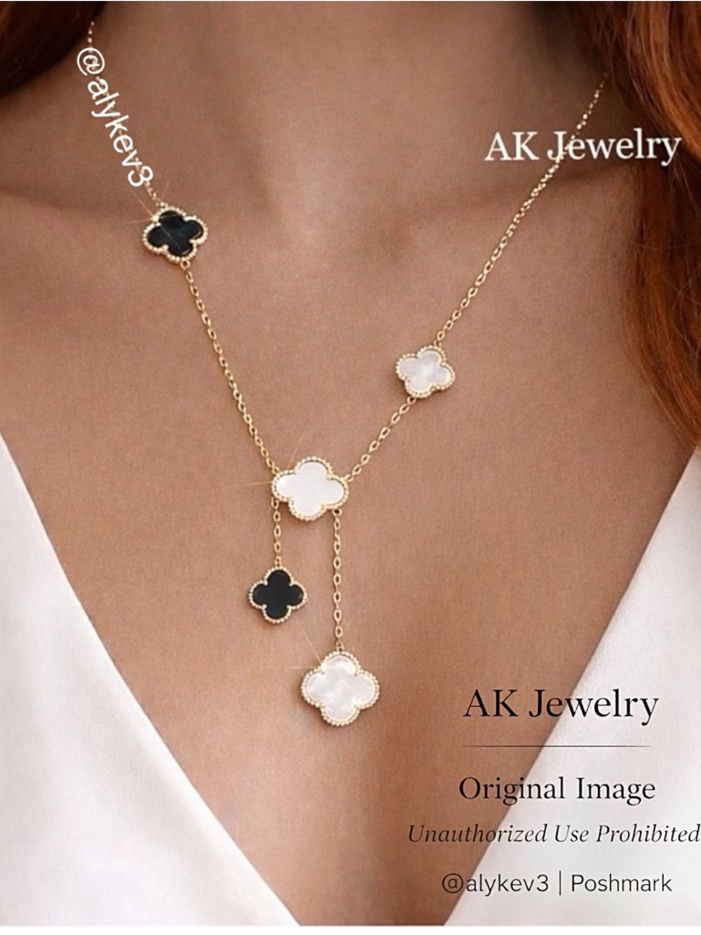 💎18K LUXURY QUATREFOIL Clover 6 Motif Mother of Pearl and Onyx Elegant Necklace